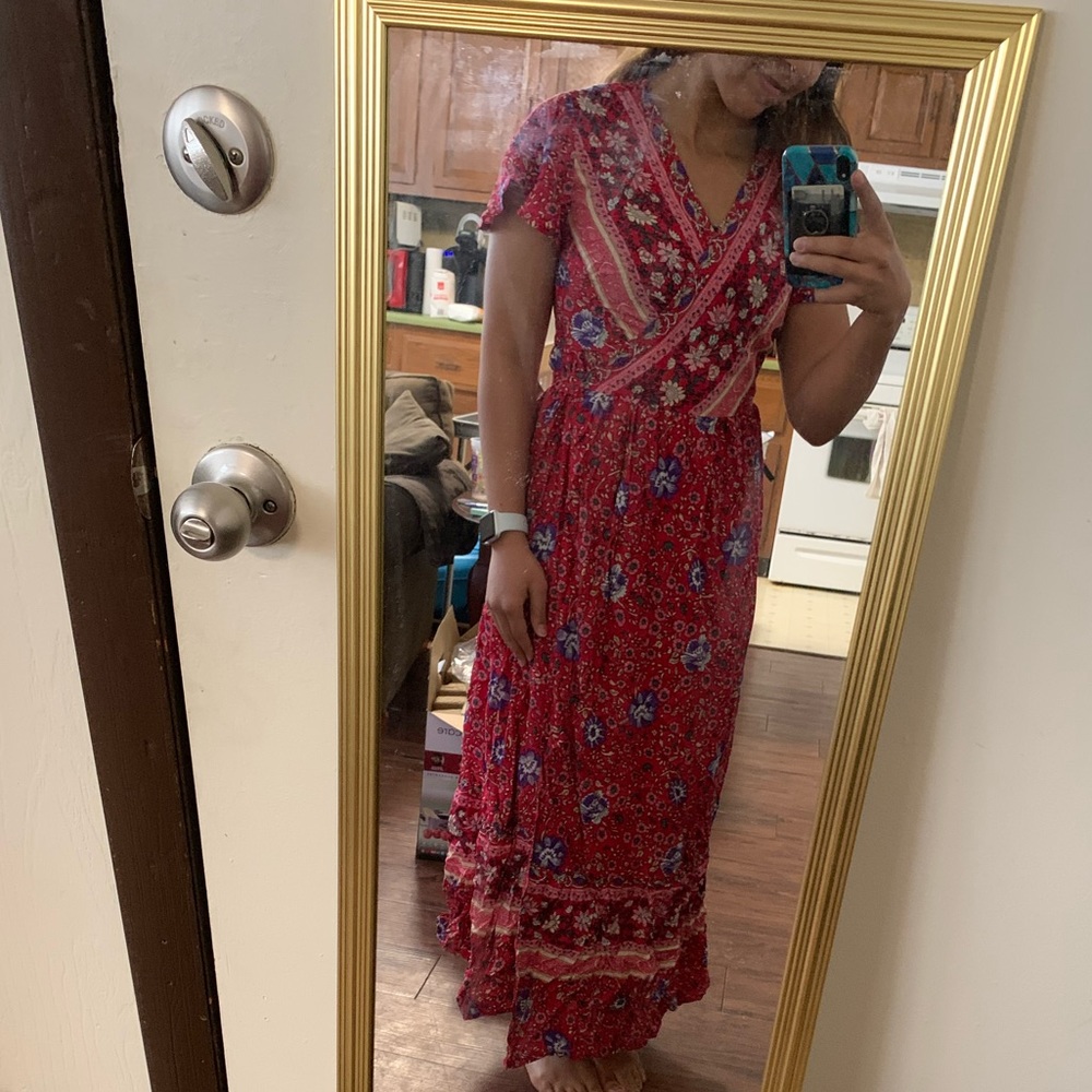 Red and purple floral tie front dress